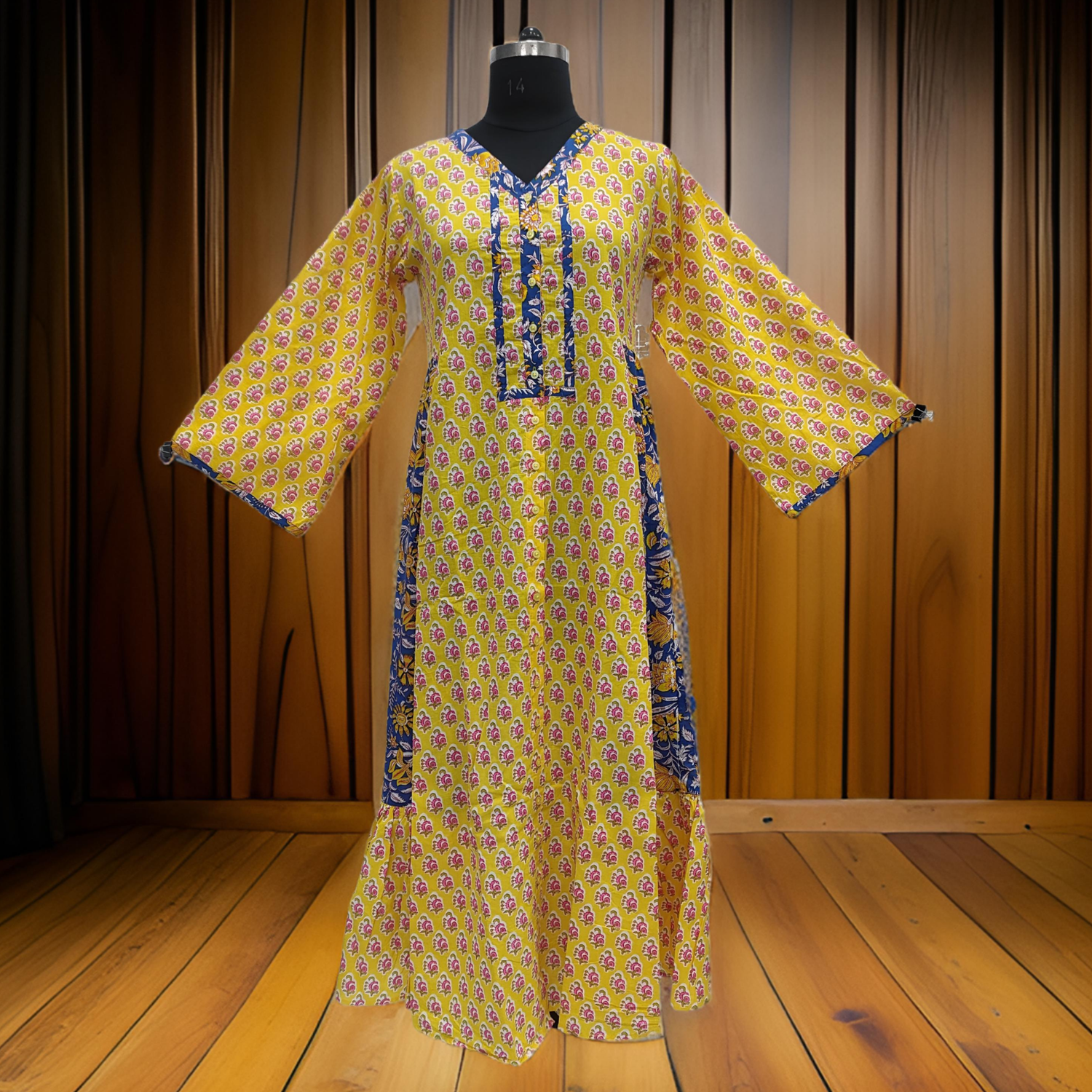 L/XL Yellow And Blue Tulip Printed Cotton Dress 57&quot; Long Jalabiya