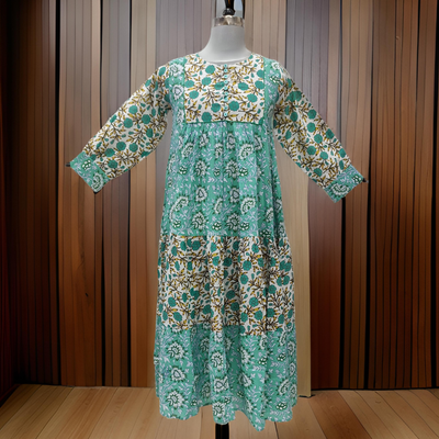 10-11 Year White And Cyan Yumna Printed Cotton Girls Dress 46&quot; Long Jalabiya