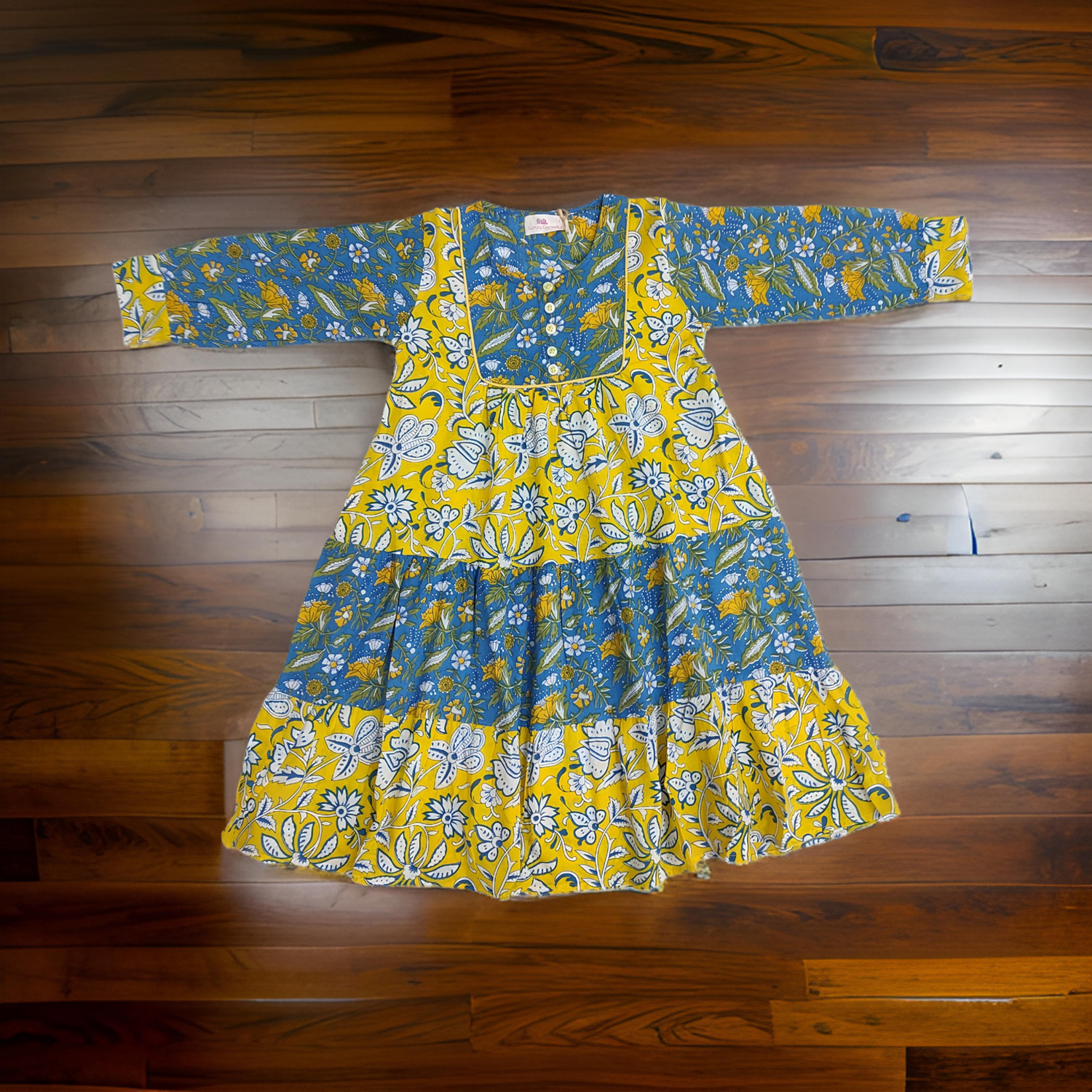 4-5 Year Blue And Yellow Yumna Printed Cotton Girls Dress 34&quot; Long Jalabiya