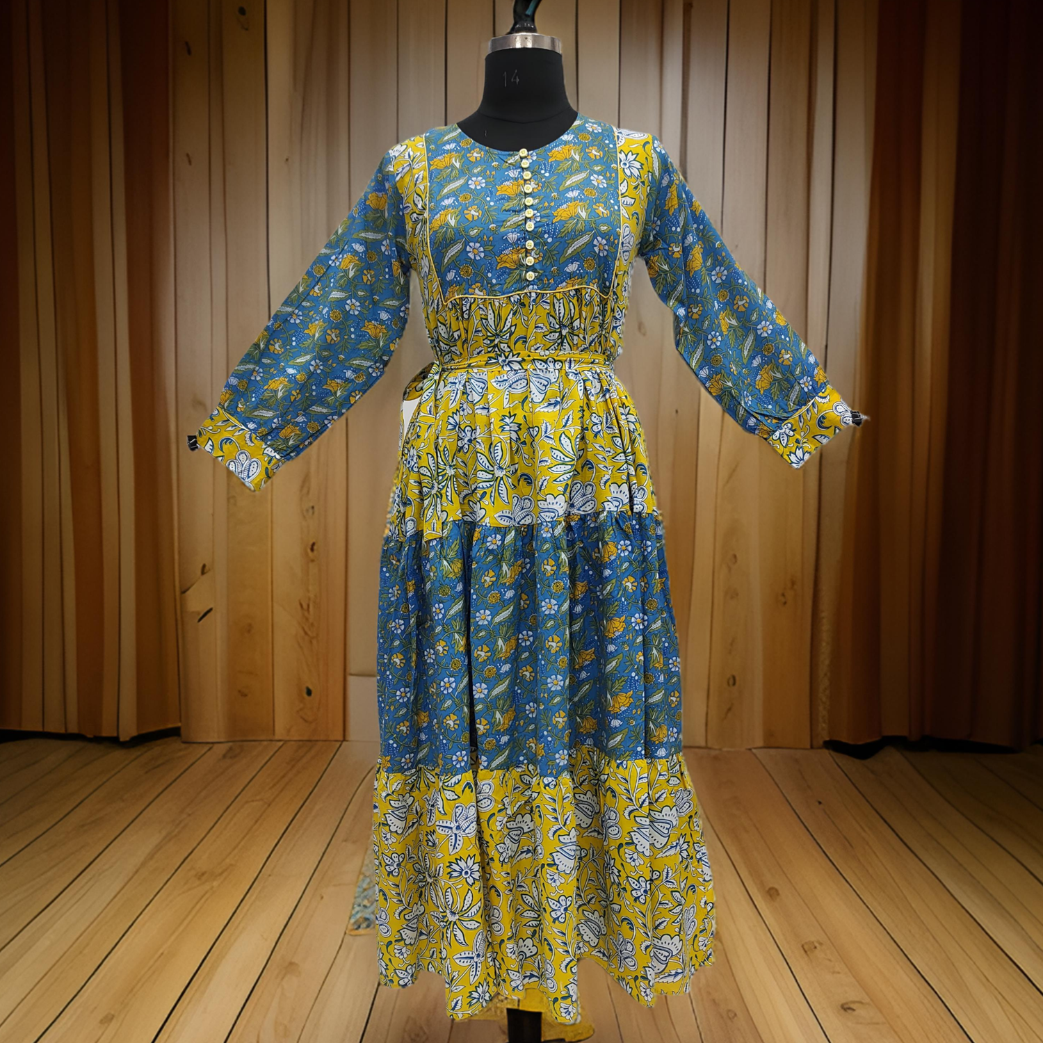 2XL/3XL Blue And Yellow Yumna Printed Cotton Dress 57&quot; Long Jalabiya