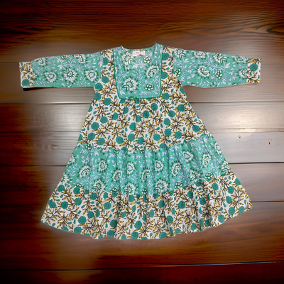 2-3 Year Cyan And White Yumna Printed Cotton Girls Dress 30&quot; Long Jalabiya