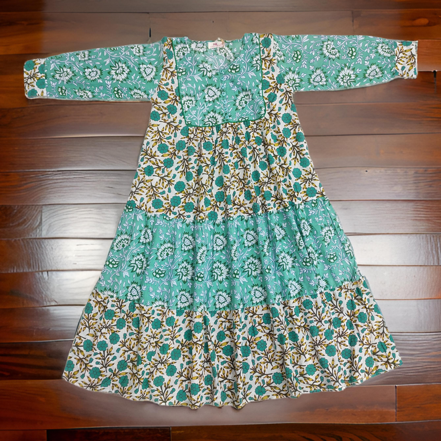 8-9 Year Cyan And White Yumna Printed Cotton Girls Dress 42&quot; Long Jalabiya