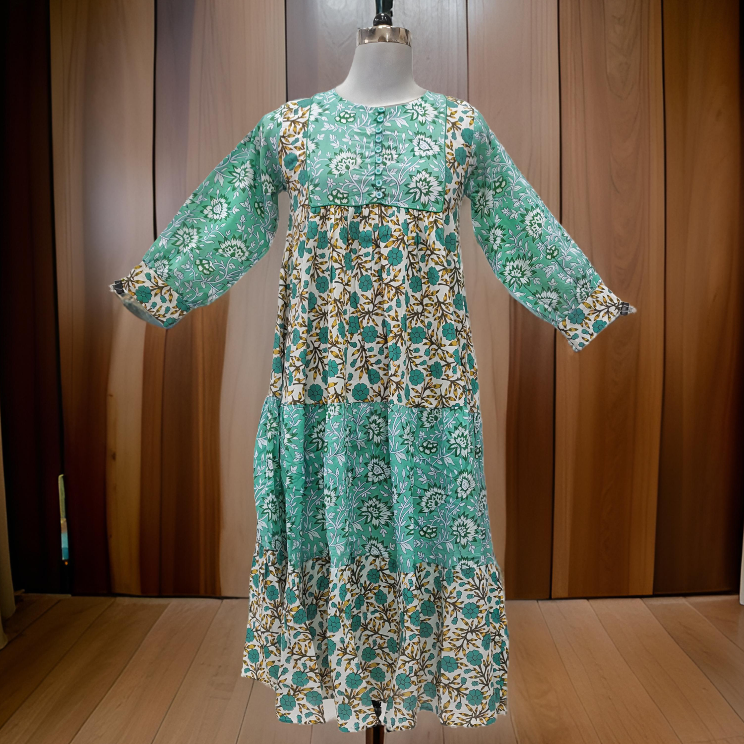 10-11 Year Cyan And White Yumna Printed Cotton Girls Dress 46&quot; Long Jalabiya