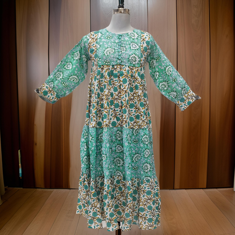 10-11 Year Cyan And White Yumna Printed Cotton Girls Dress 46&quot; Long Jalabiya