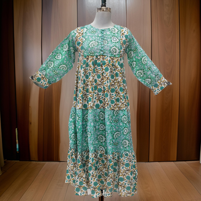 10-11 Year Cyan And White Yumna Printed Cotton Girls Dress 46&quot; Long Jalabiya