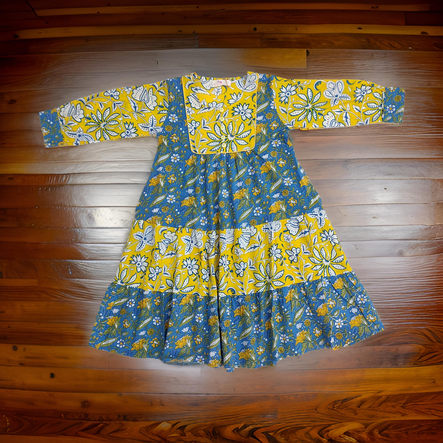 4-5 Year Yellow And Blue Yumna Printed Cotton Girls Dress 34&quot; Long Jalabiya