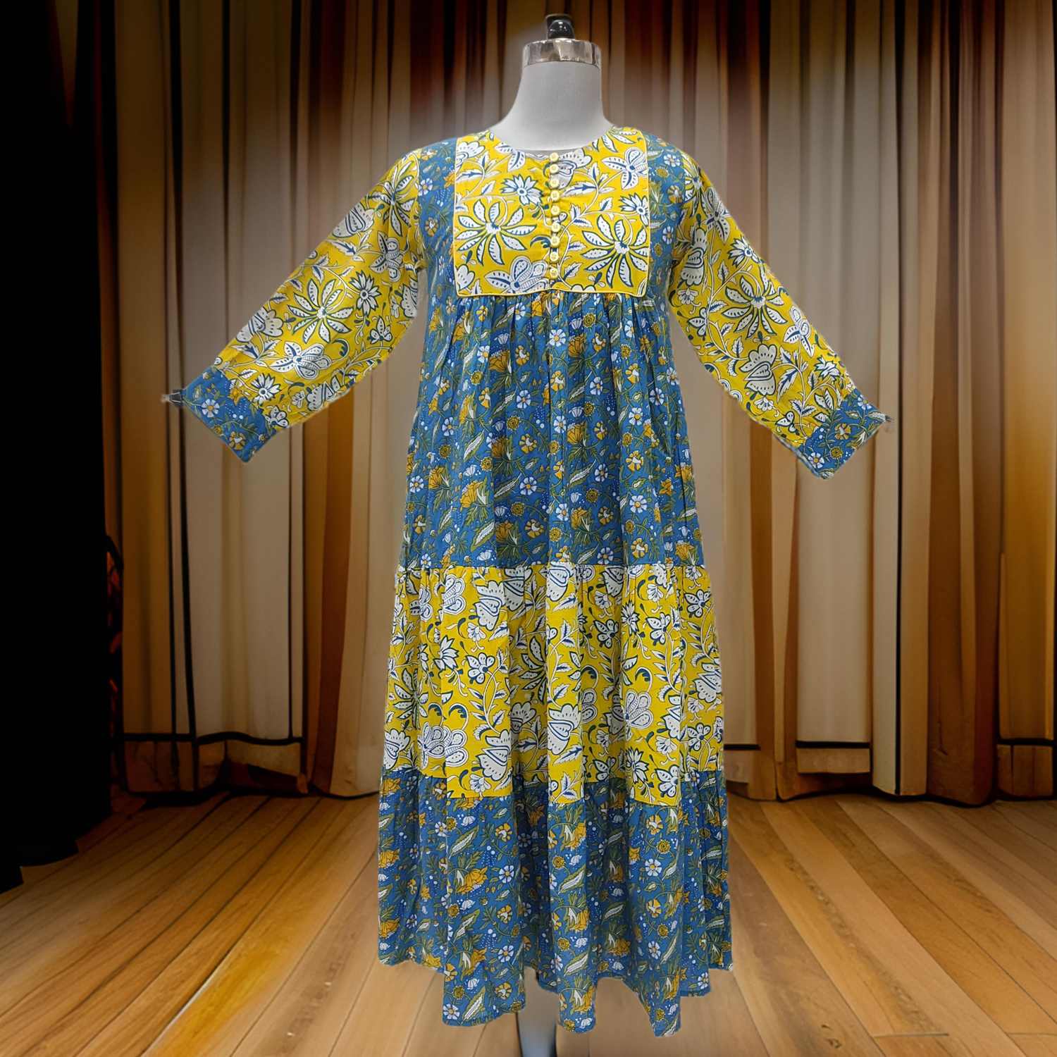 10-11 Year Yellow And Blue Yumna Printed Cotton Girls Dress 46&quot; Long Jalabiya
