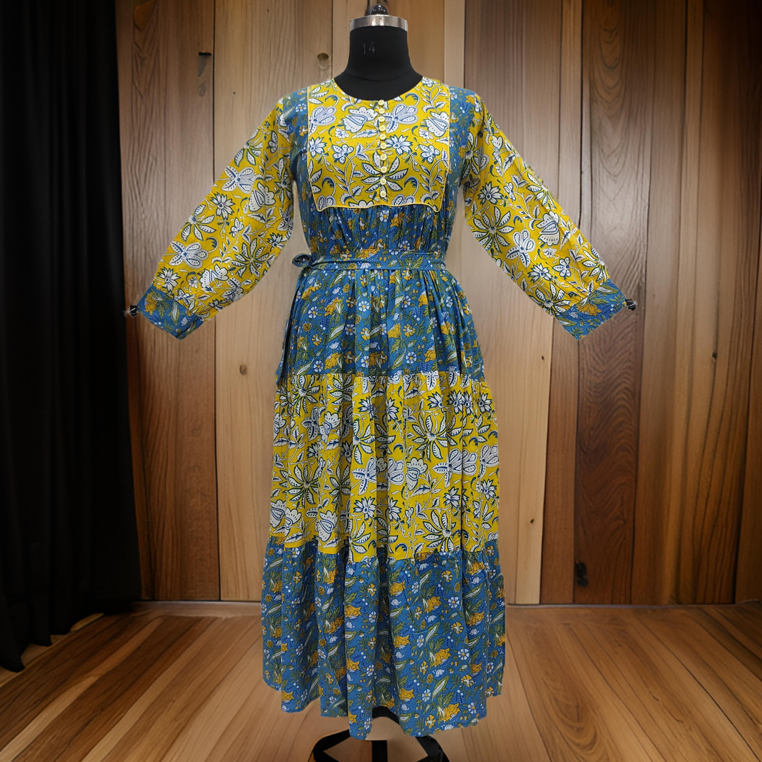 L/XL Yellow And Blue Yumna Printed Cotton Dress 57&quot; Long Jalabiya