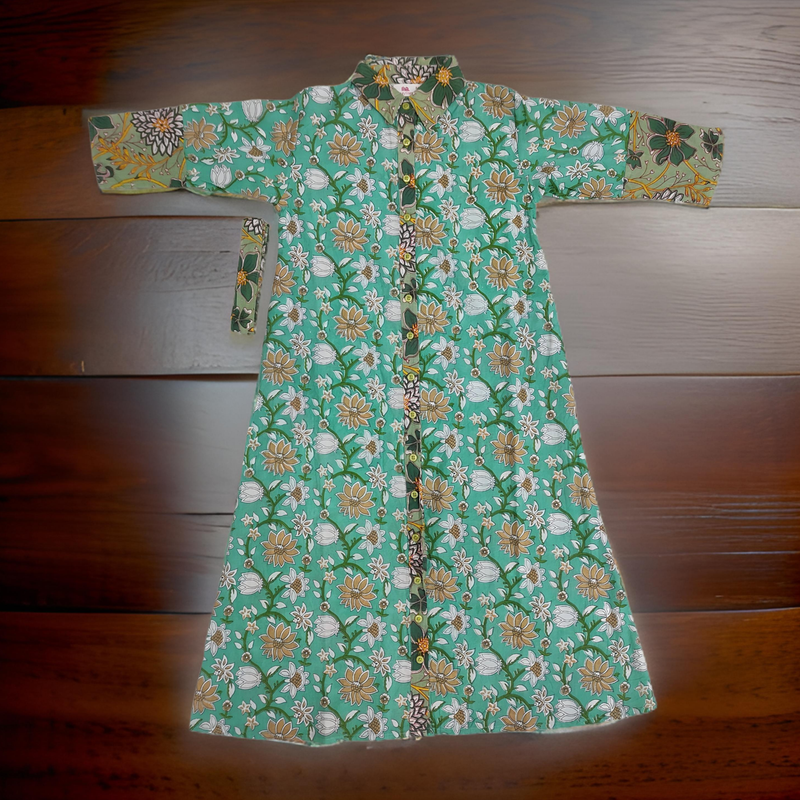 8-9 Year Cyan And Green Tansy Printed Cotton Girls Dress 42&quot; Long Jalabiya