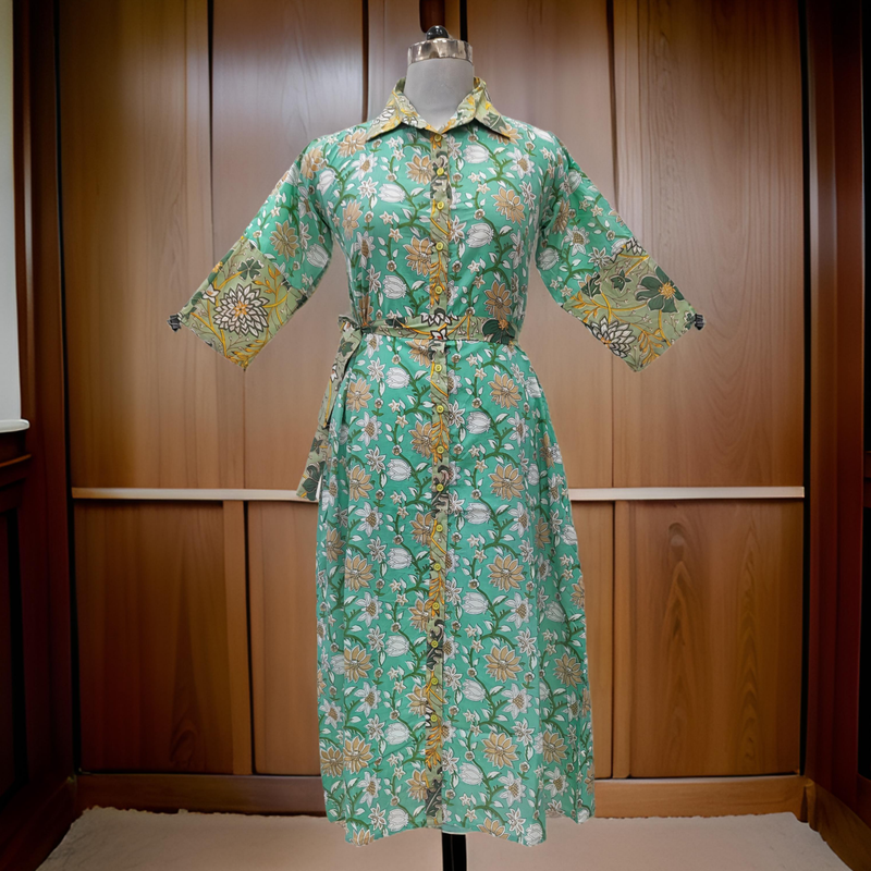 10-11 Year Cyan And Green Tansy Printed Cotton Girls Dress 46&quot; Long Jalabiya