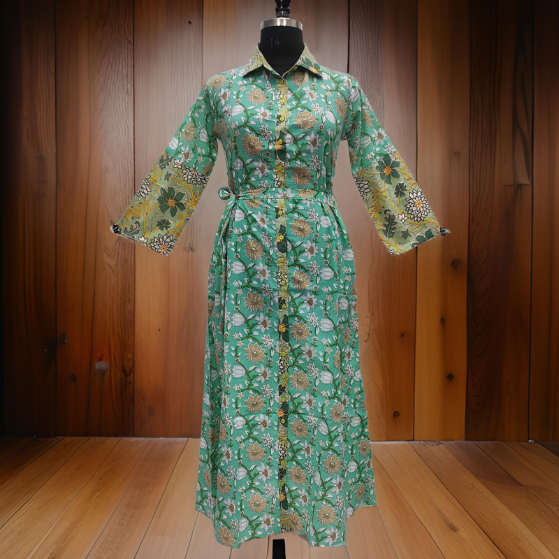 S/M Cyan And Green Tansy Printed Cotton Dress 57&quot; Long Jalabiya