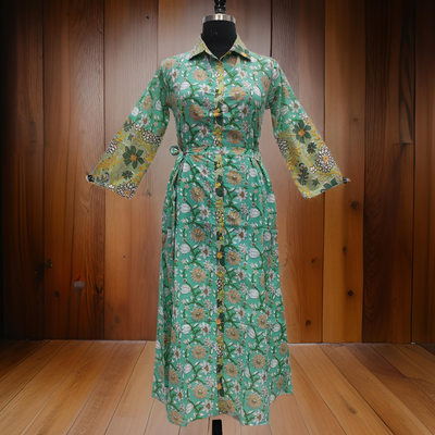S/M Cyan And Green Tansy Printed Cotton Dress 57&quot; Long Jalabiya