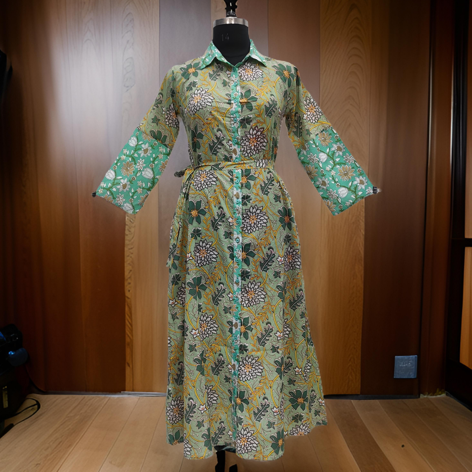 XS/S Green And Cyan Tansy Printed Cotton Dress 54&quot; Long Jalabiya