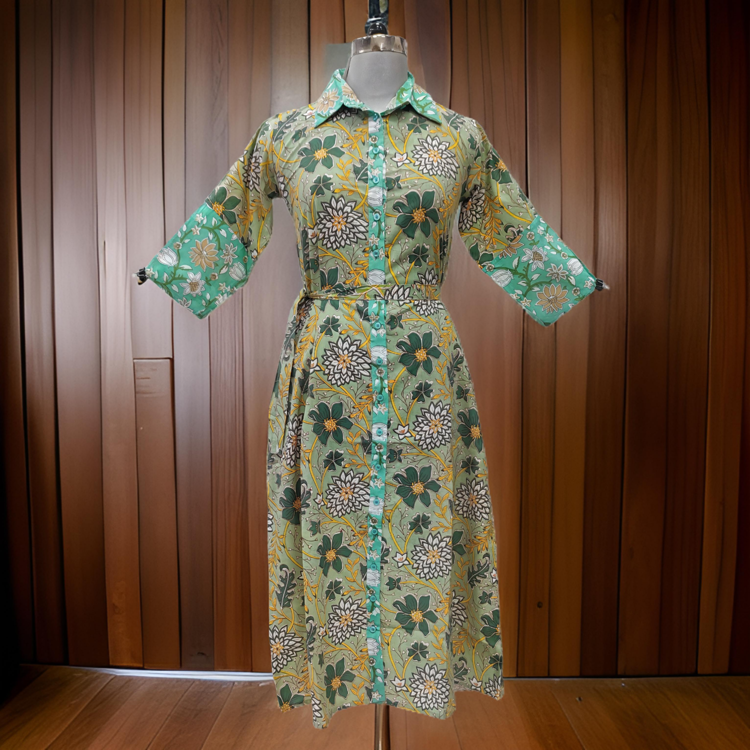 12-13 Year Green And Cyan Tansy Printed Cotton Girls Dress 50&quot; Long Jalabiya