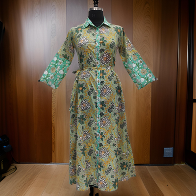 S/M Green And Cyan Tansy Printed Cotton Dress 57&quot; Long Jalabiya