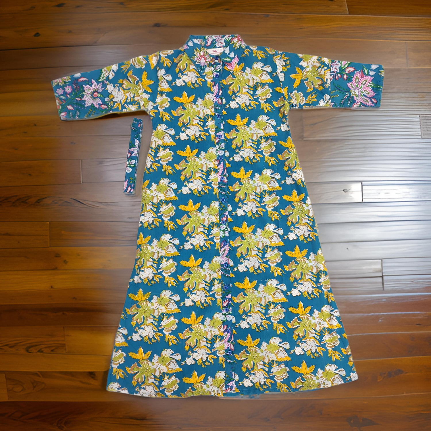 8-9 Year Yellow And Blue Tansy Printed Cotton Girls Dress 42&quot; Long Jalabiya