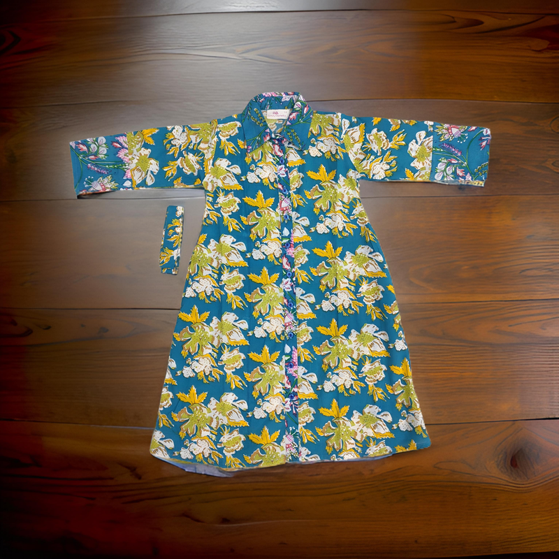 6-7 Year Yellow And Blue Tansy Printed Cotton Girls Dress 38&quot; Long Jalabiya