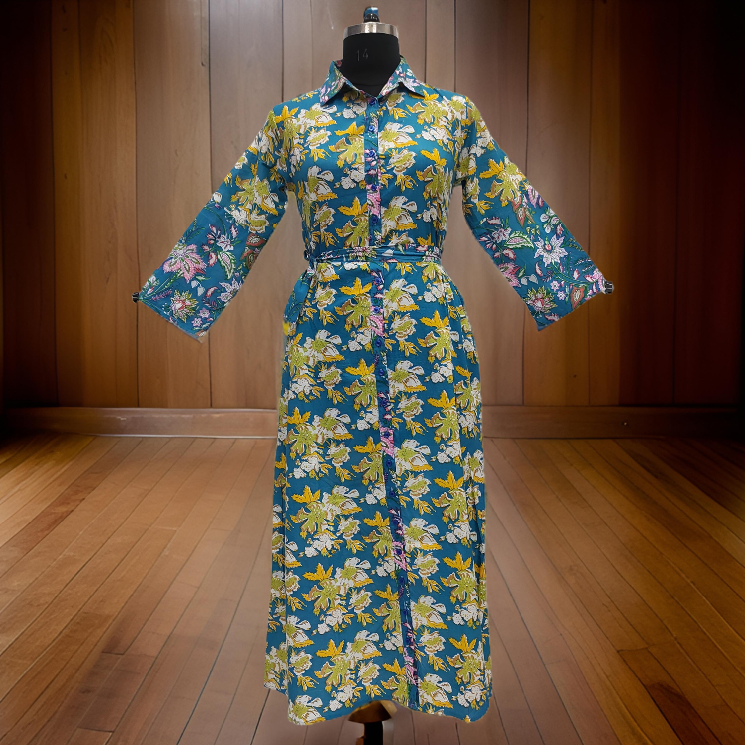XS/S Yellow And Blue Tansy Printed Cotton Dress 54&quot; Long Jalabiya