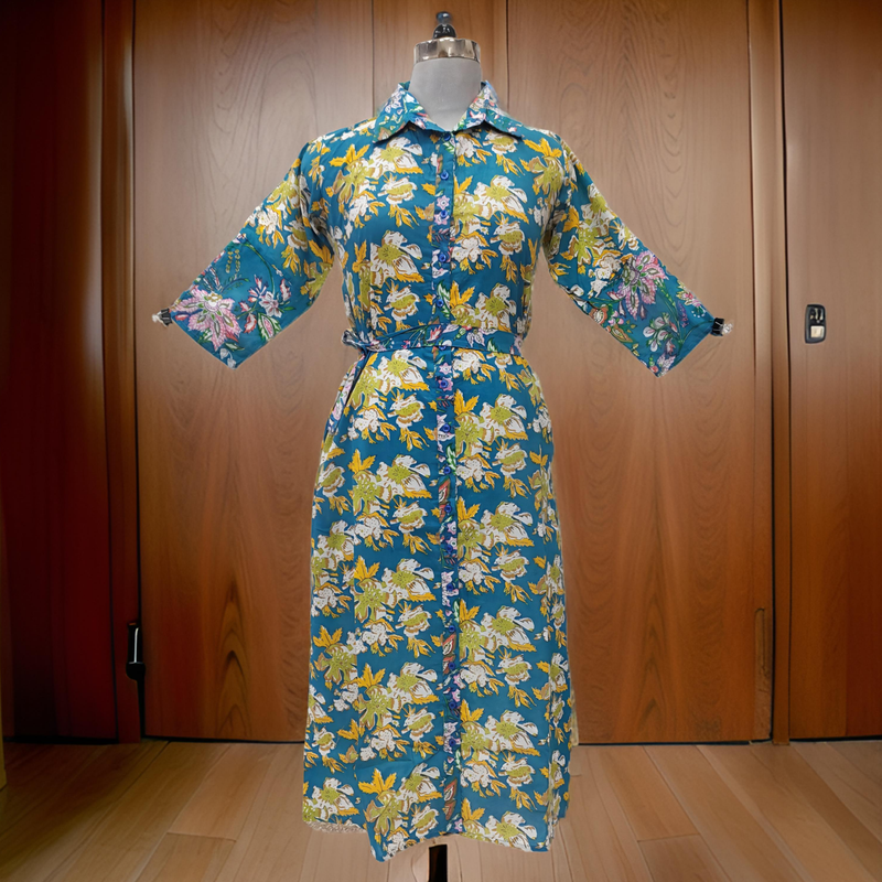 12-13 Year Yellow And Blue Tansy Printed Cotton Girls Dress 50&quot; Long Jalabiya