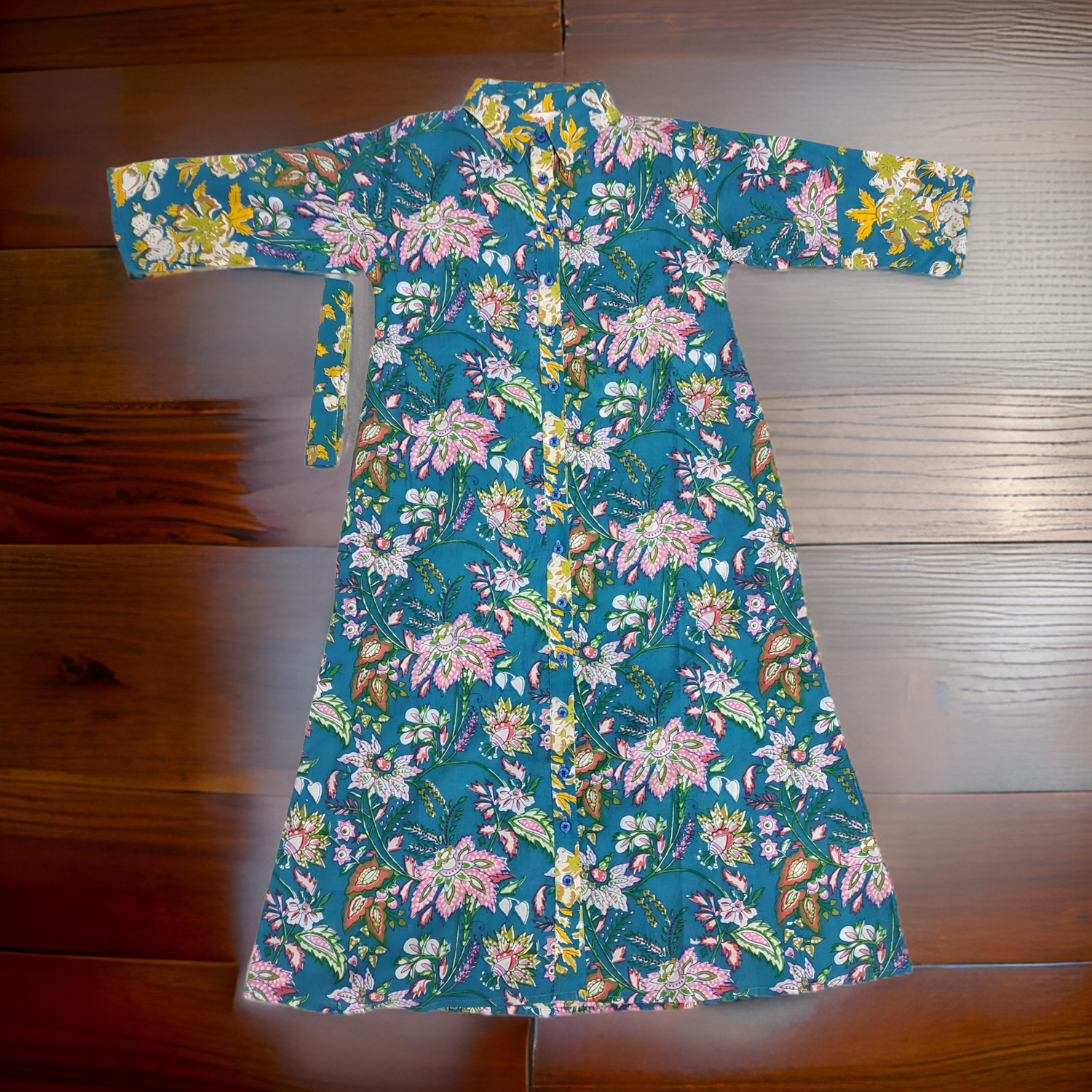 4-5 Year Blue And Yellow Tansy Printed Cotton Girls Dress 34&quot; Long Jalabiya