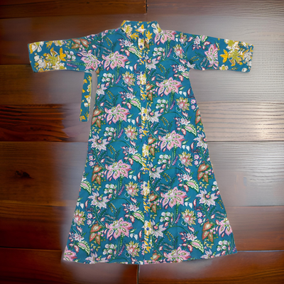6-7 Year Blue And Yellow Tansy Printed Cotton Girls Dress 38&quot; Long Jalabiya