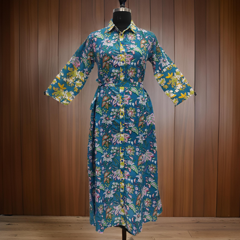 L/XL Blue And Yellow Tansy Printed Cotton Dress 57&quot; Long Jalabiya