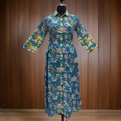 S/M Blue And Yellow Tansy Printed Cotton Dress 57&quot; Long Jalabiya