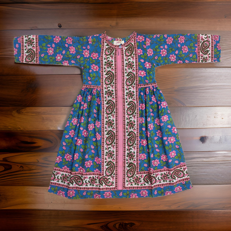 6-7 Year Blue And Pink Bhopali Printed Cotton Girls Dress 38&quot; Long Jalabiya