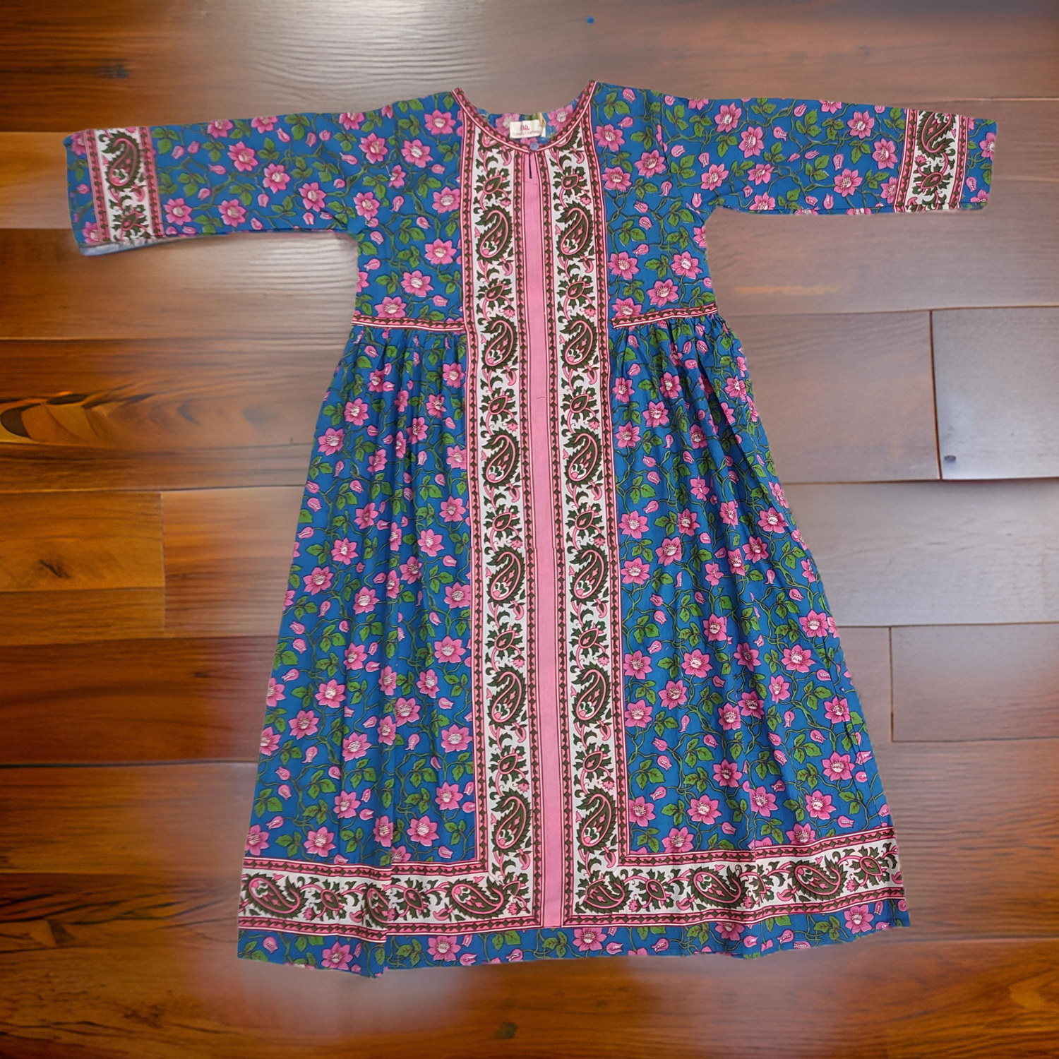 8-9 Year Blue And Pink Bhopali Printed Cotton Girls Dress 42&quot; Long Jalabiya
