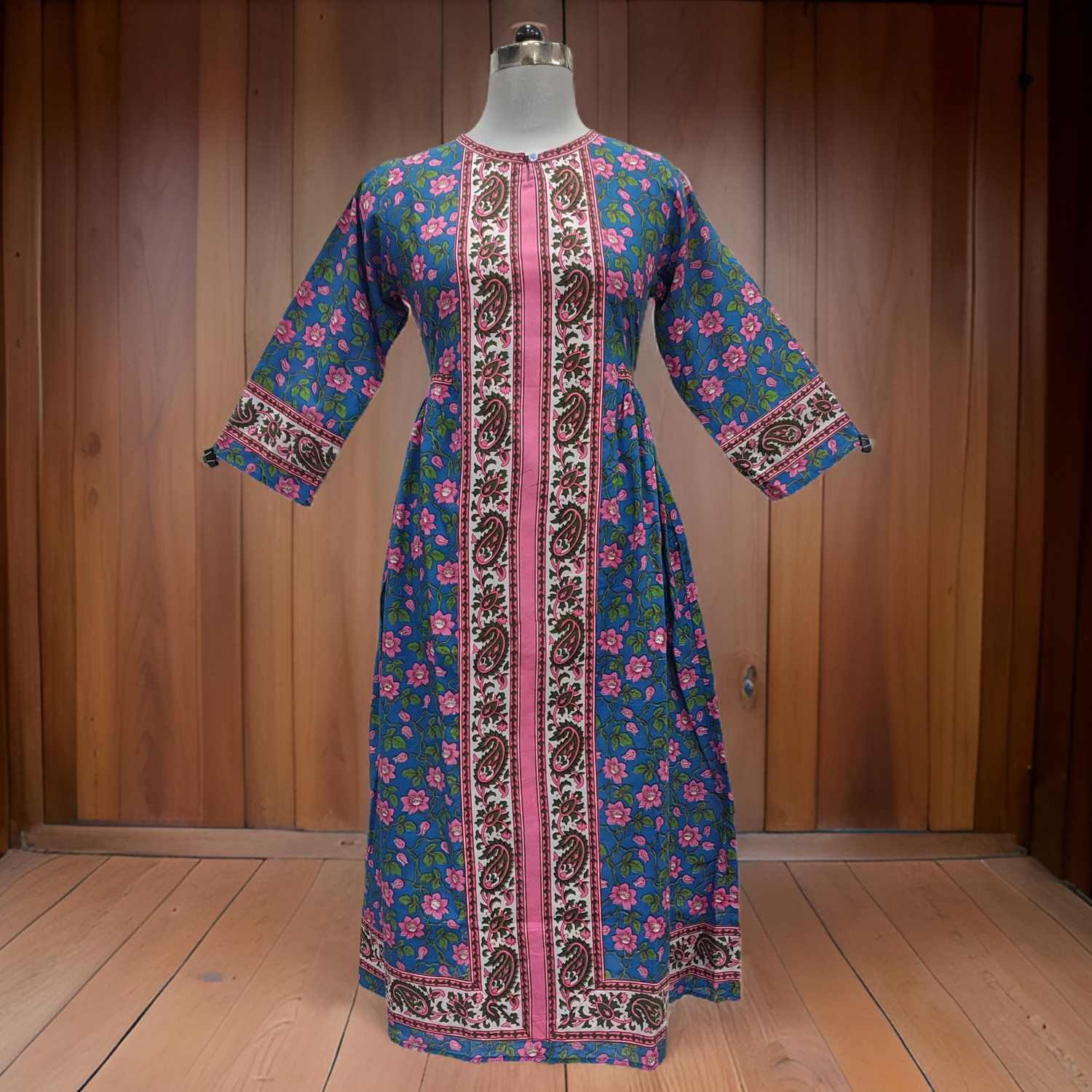 10-11 Year Blue And Pink Bhopali Printed Cotton Girls Dress 46&quot; Long Jalabiya