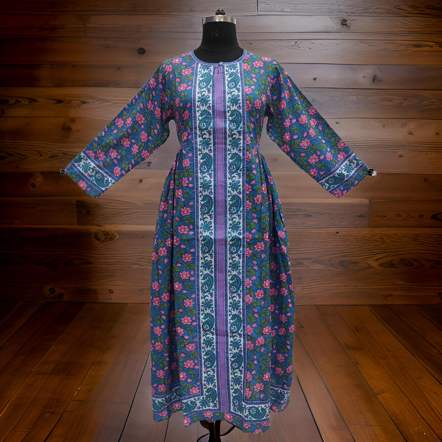 XS/S Blue And Pink Bhopali Printed Cotton Dress 54&quot; Long Jalabiya