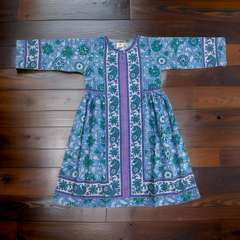 6-7 Year Blue And White Bhopali Printed Cotton Girls Dress 38&quot; Long Jalabiya