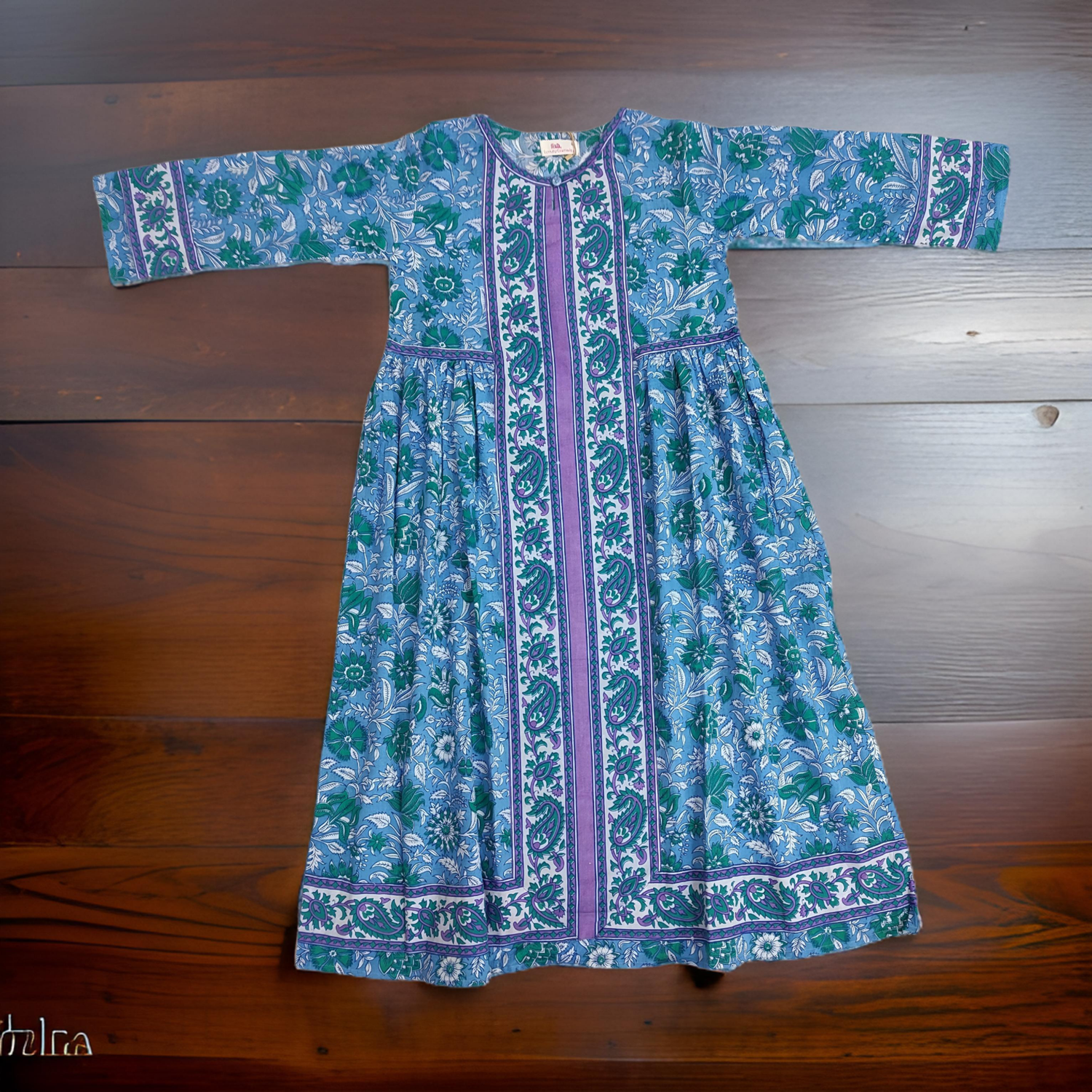 8-9 Year Blue And White Bhopali Printed Cotton Girls Dress 42&quot; Long Jalabiya