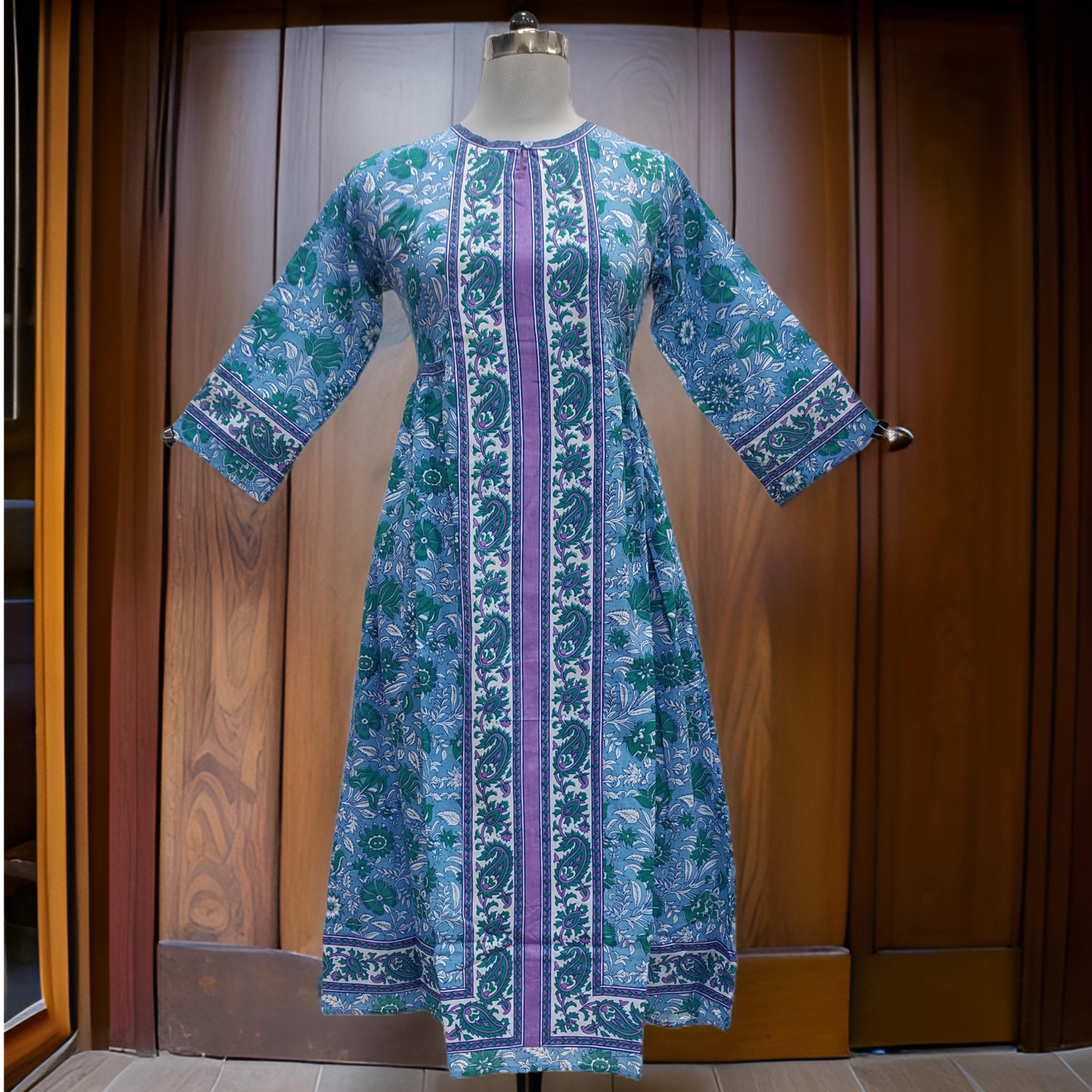 10-11 Year Blue And White Bhopali Printed Cotton Girls Dress 46&quot; Long Jalabiya