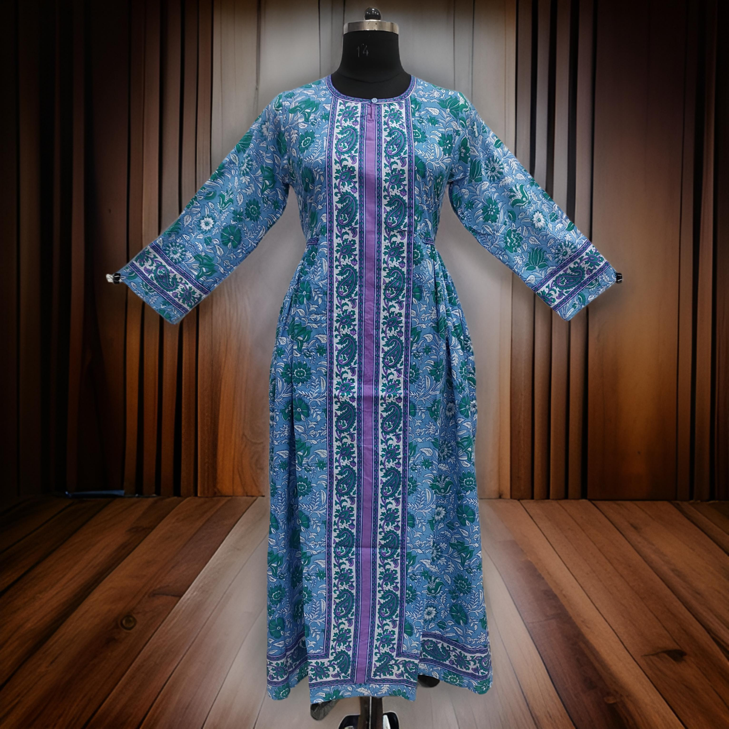 S/M Blue And White Bhopali Printed Cotton Dress 57&quot; Long Jalabiya