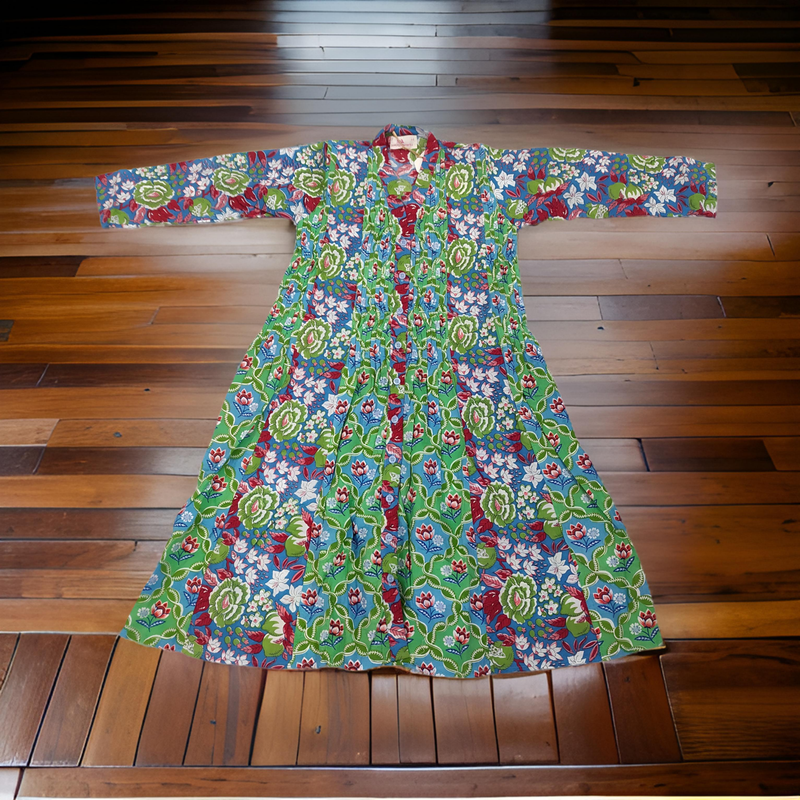 8-9 Year Green Aqila Printed Cotton Girls Dress 42&quot; Long Jalabiya