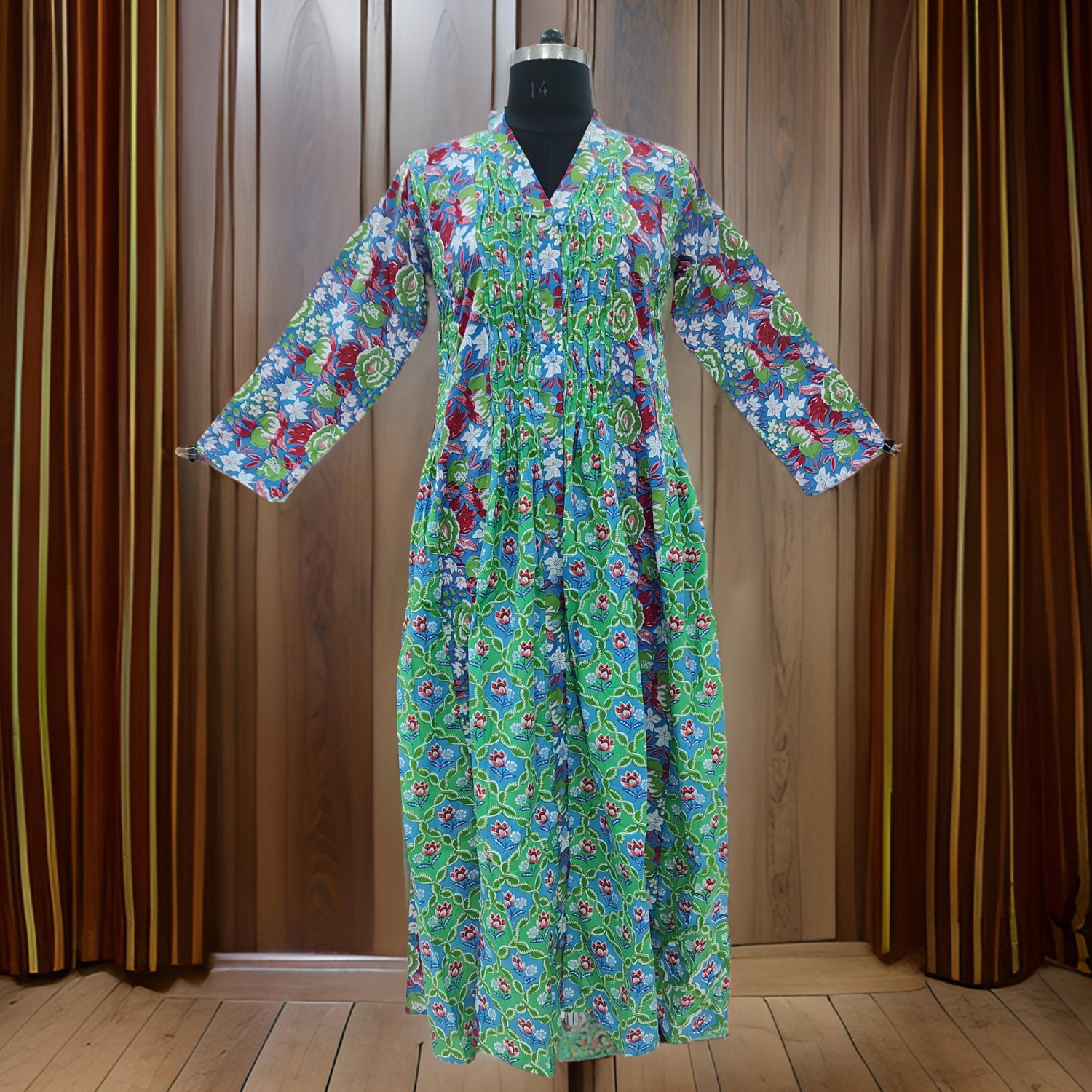 10-11 Year Green Aqila Printed Cotton Girls Dress 46&quot; Long Jalabiya