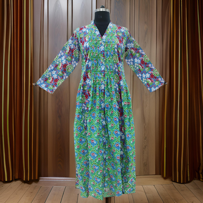 10-11 Year Green Aqila Printed Cotton Girls Dress 46&quot; Long Jalabiya