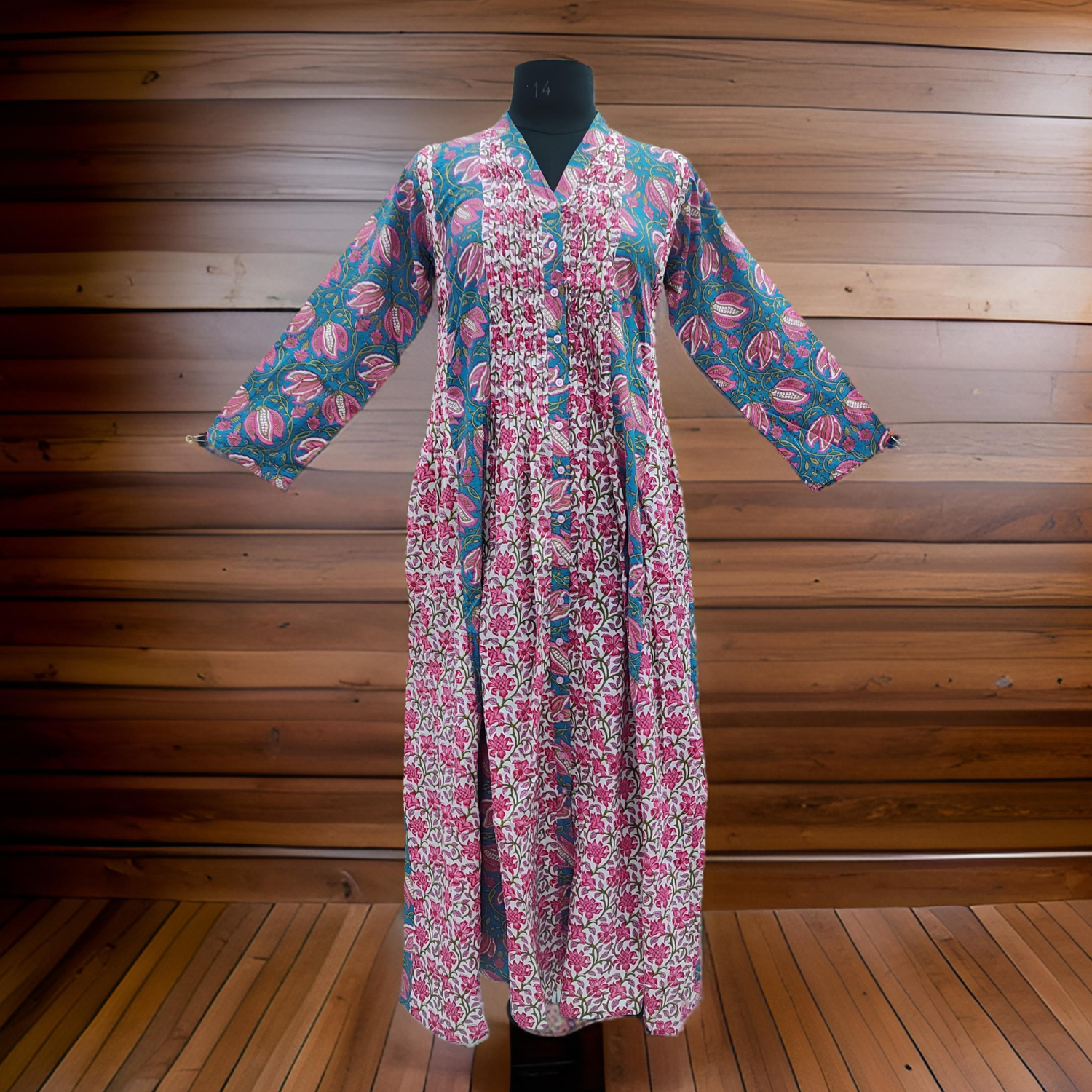 L/XL Pink Aqila Printed Cotton Dress 57&quot; Long Jalabiya