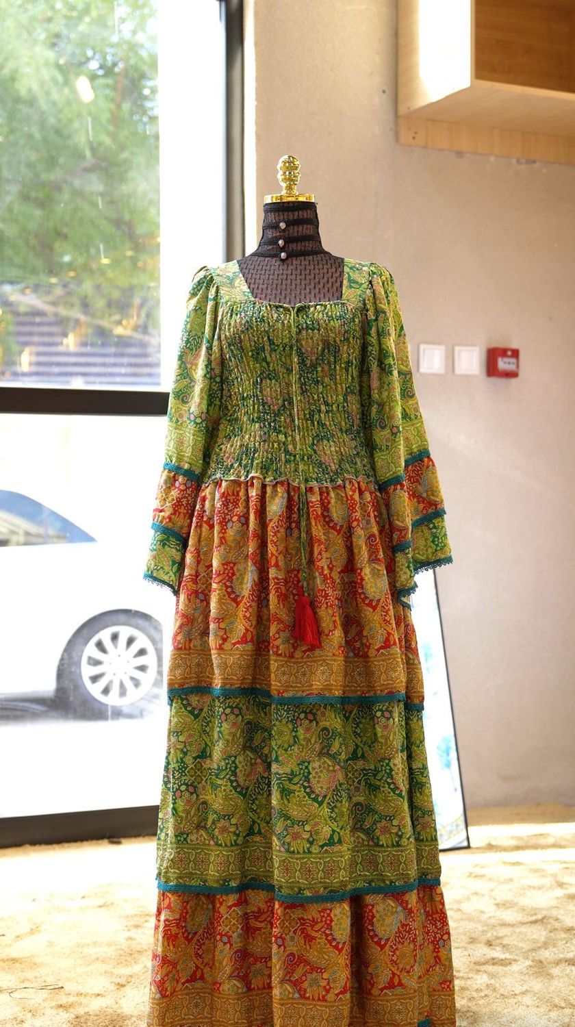 S/M Rahima Silk Multi Printed Dress 57&quot; Long Jalabiya