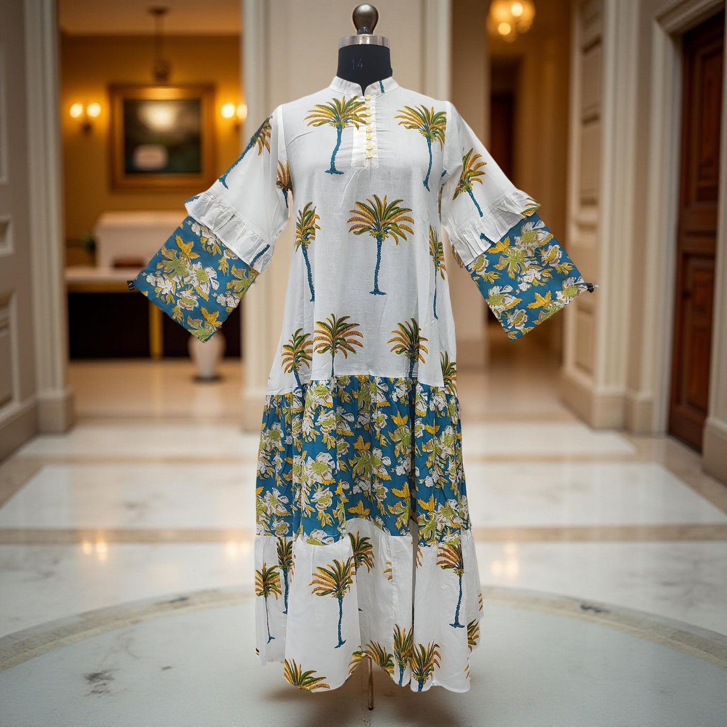 S/M Nayra Printed Cotton Dress 57&quot; Long Jalabiya