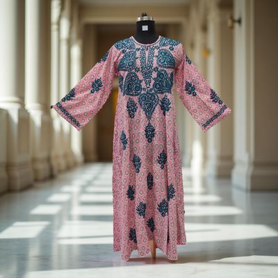 S/M Fahar Embroidery Printed Cotton Dress 57&quot; Long Jalabiya