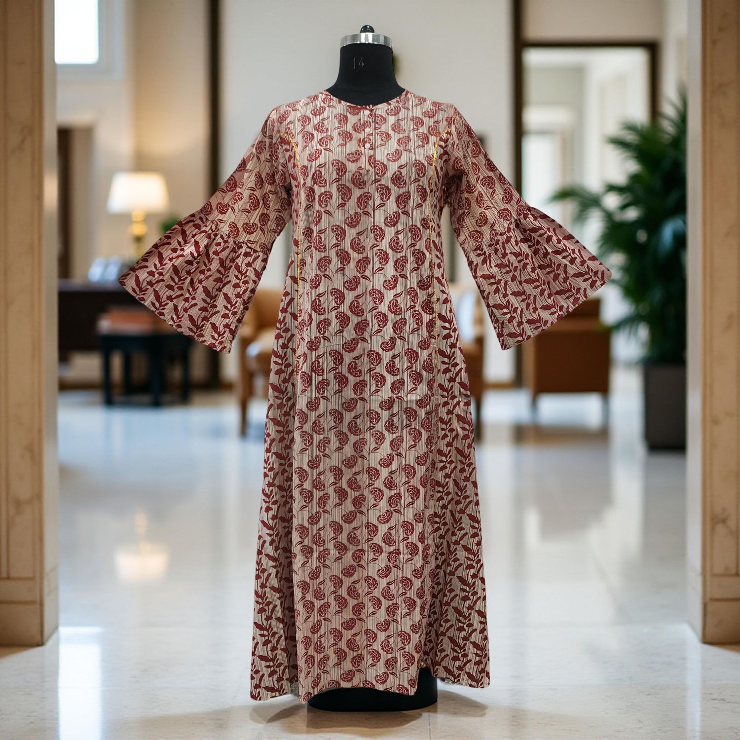 L/XL Marry Printed Cotton Dress 57&quot; Long Jalabiya