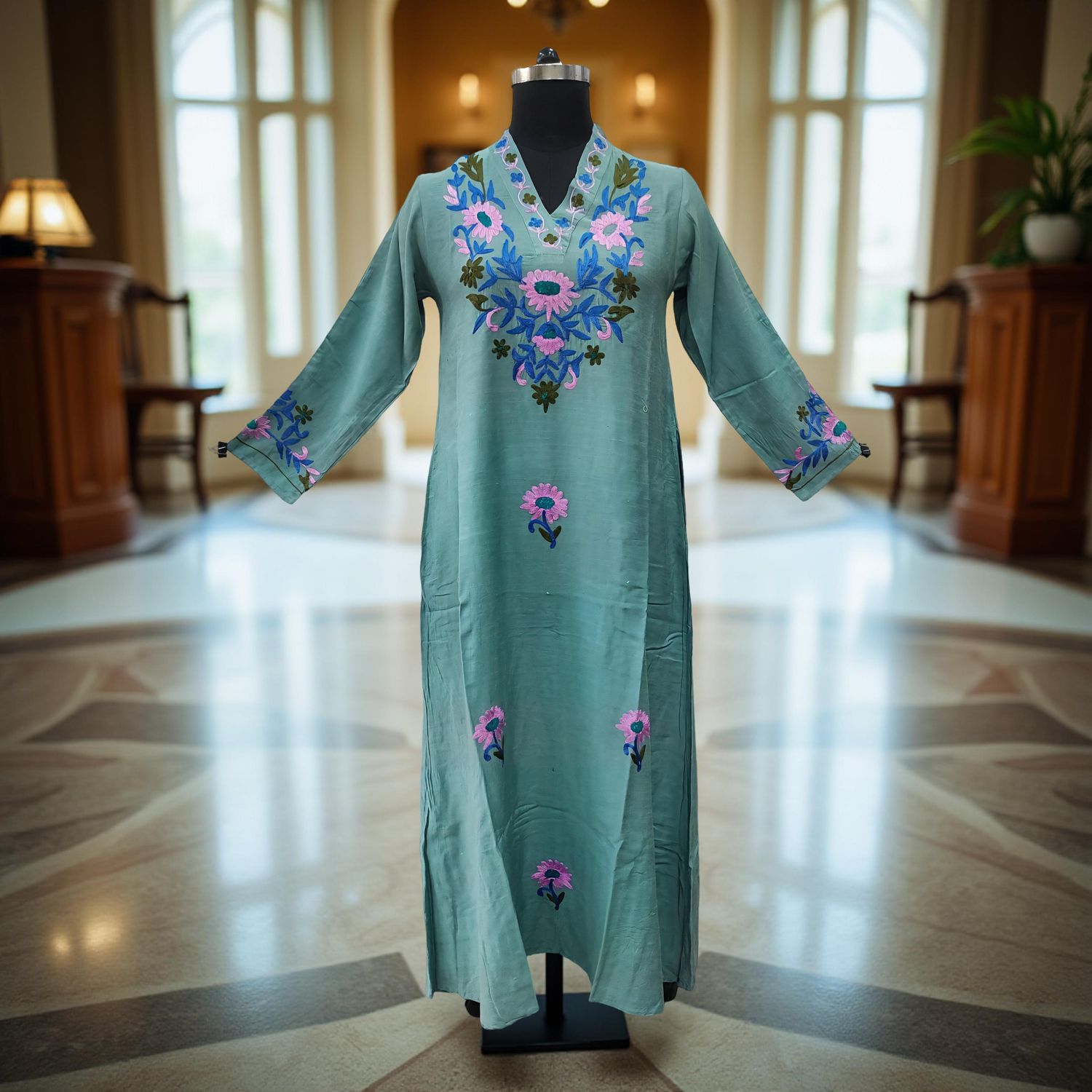 XS/S Teena Embroidery Cotton Dress 54&quot; Long Jalabiya