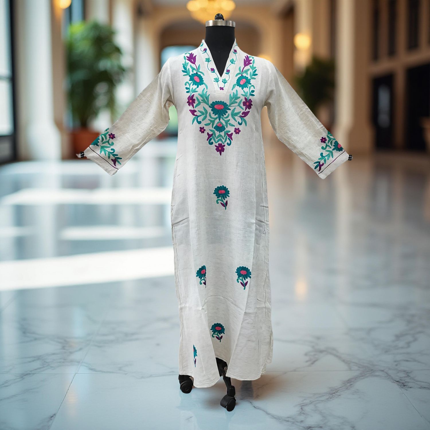 S/M Teena Embroidery Printed Cotton Dress 55&quot; Long Jalabiya