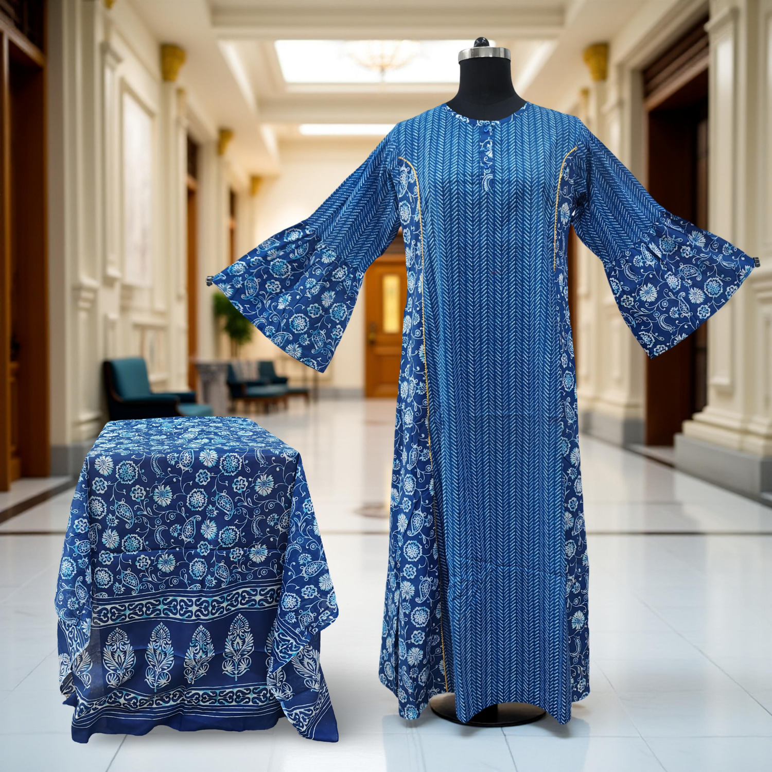 L/XL Marry Printed Cotton Dress 57&quot; Long Jalabiya With Sheila