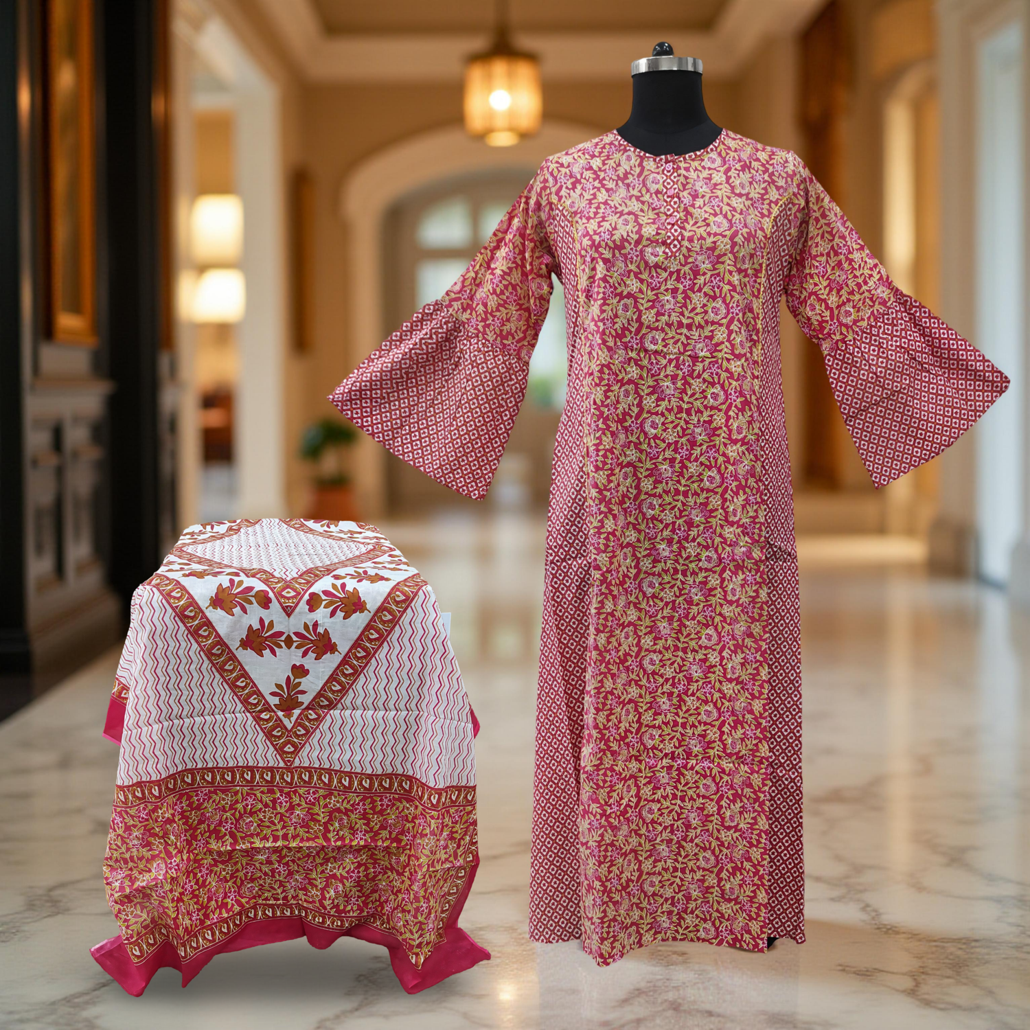 L/XL Marry Printed Cotton Dress 57&quot; Long Jalabiya With Sheila