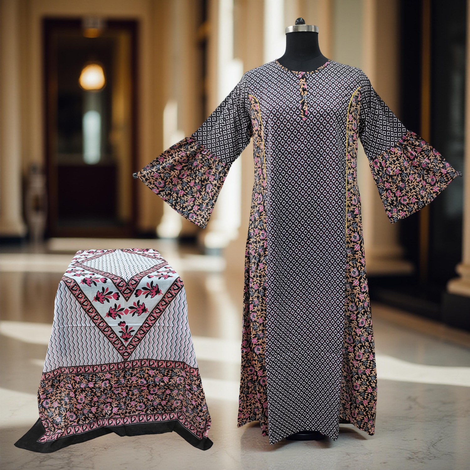 2XL/3XL Marry Printed Cotton Dress 57&quot; Long Jalabiya With Sheila