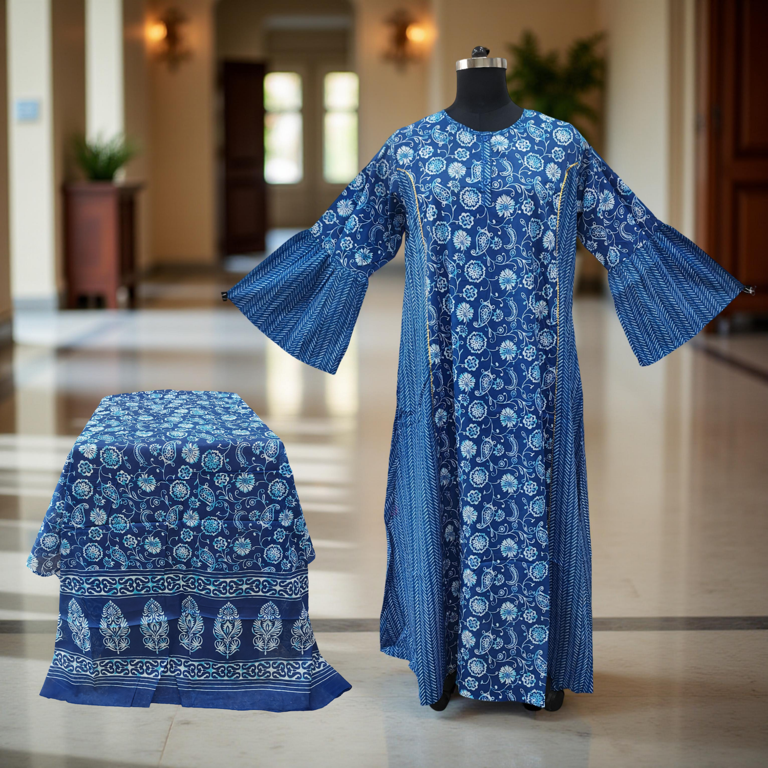 2XL/3XL Marry Printed Cotton Dress 57&quot; Long Jalabiya With Sheila