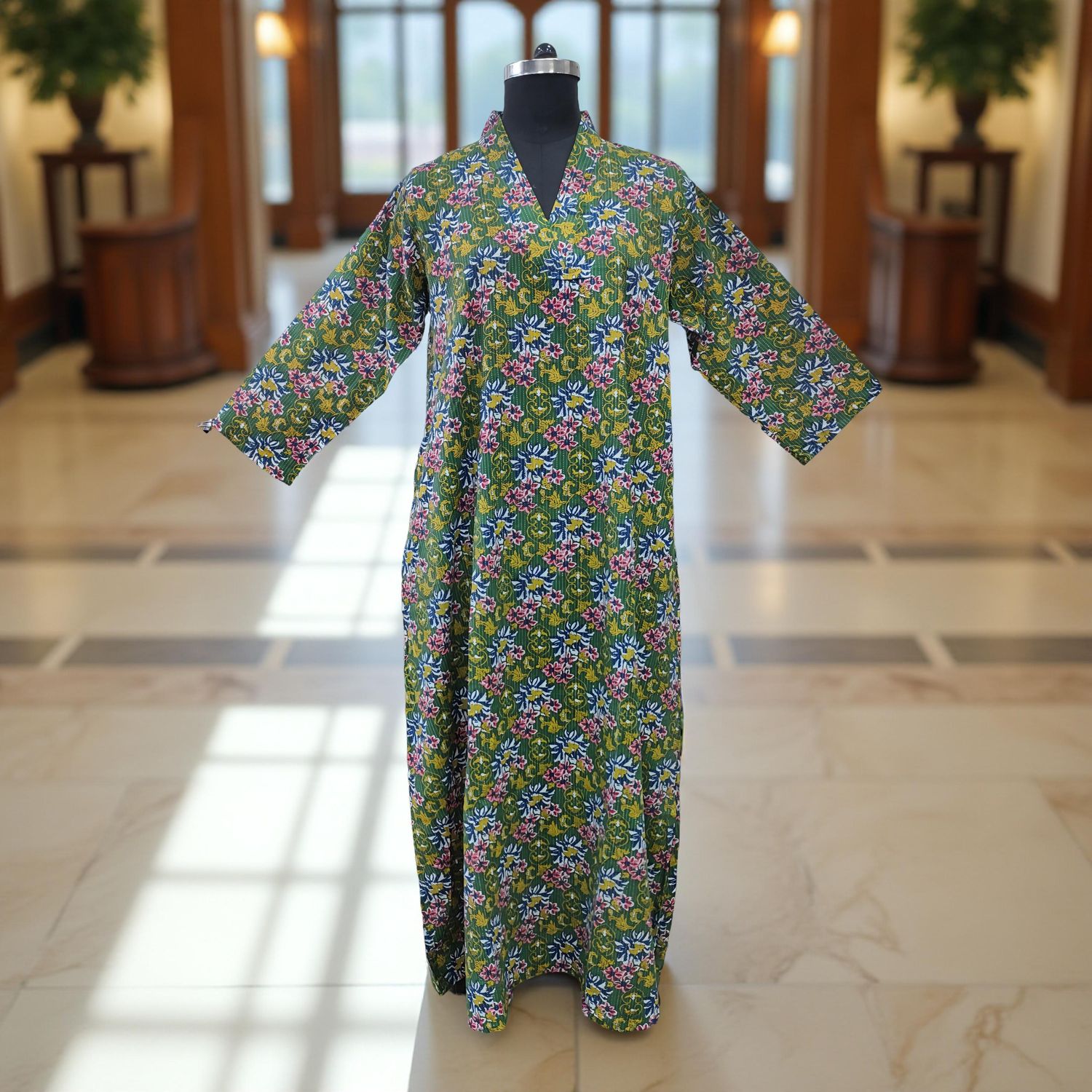 L/XL Teena Printed Cotton Dress 57&quot; Long Jalabiya
